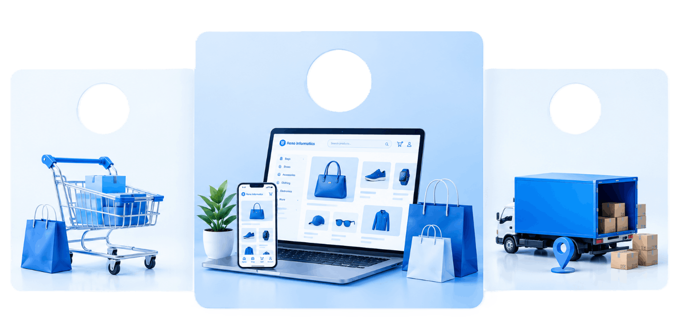 E-Commerce development illustration showing checkout and catalog dashboard