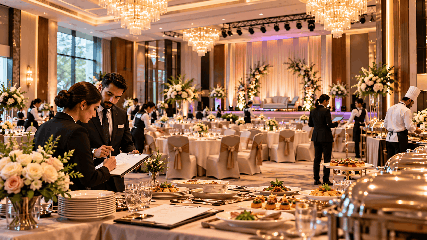 Grand Luxury Hotel Banquet Ballroom with smart podium event scheduling software