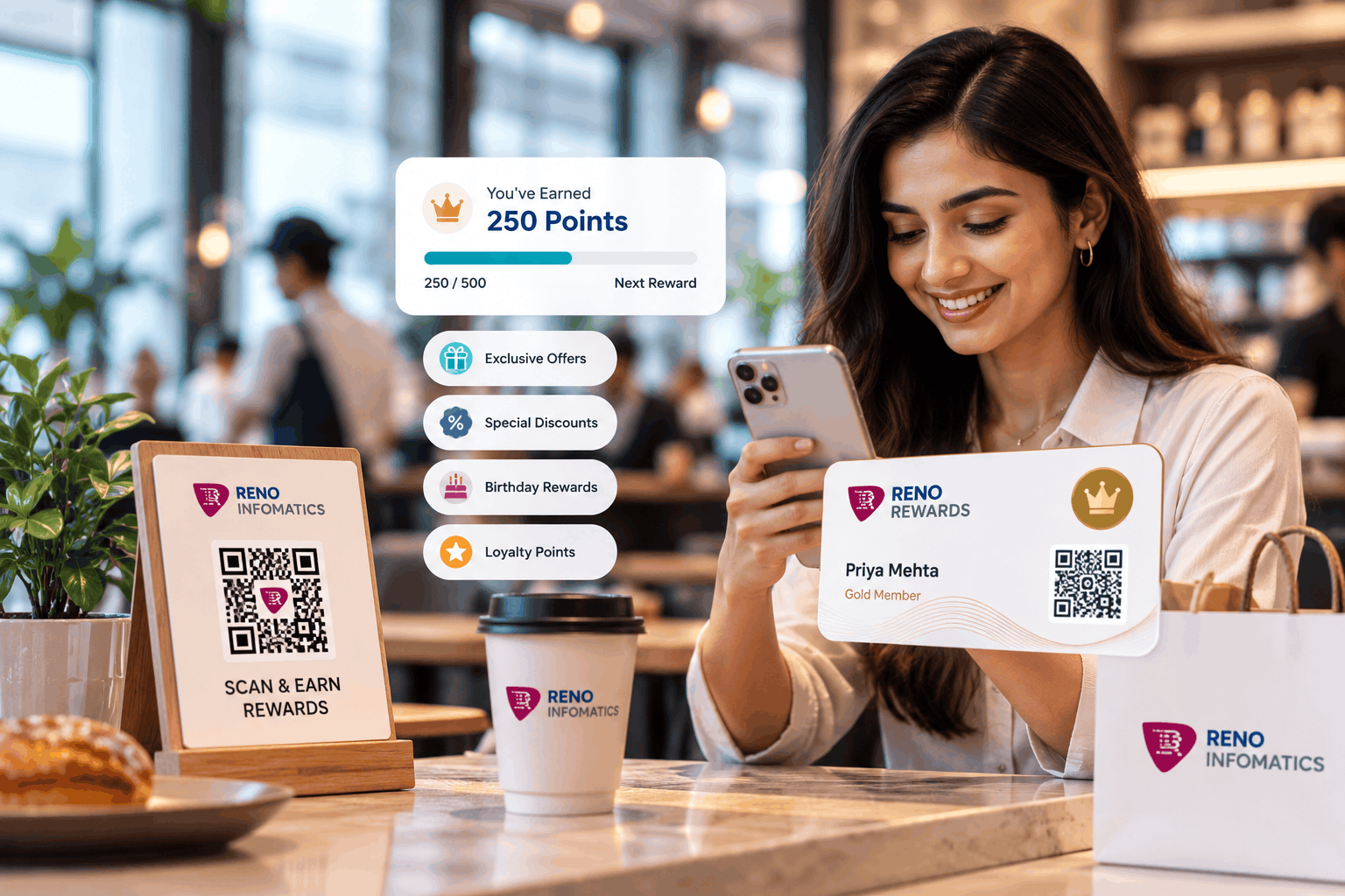 RENO Loyalty Digital Rewards Card showing points balance, VIP tiers, and instant barcode redemption