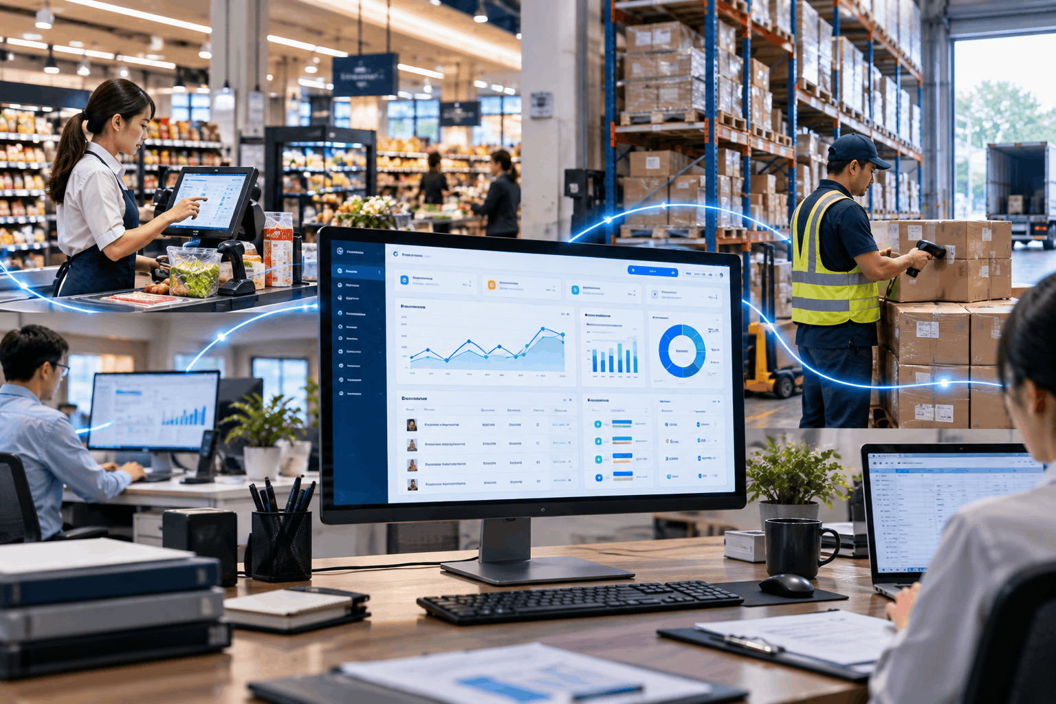 RENO ERP Retail Operations Hub - Central ERP connected to multi-store checkouts, warehouse inventory, and executive management